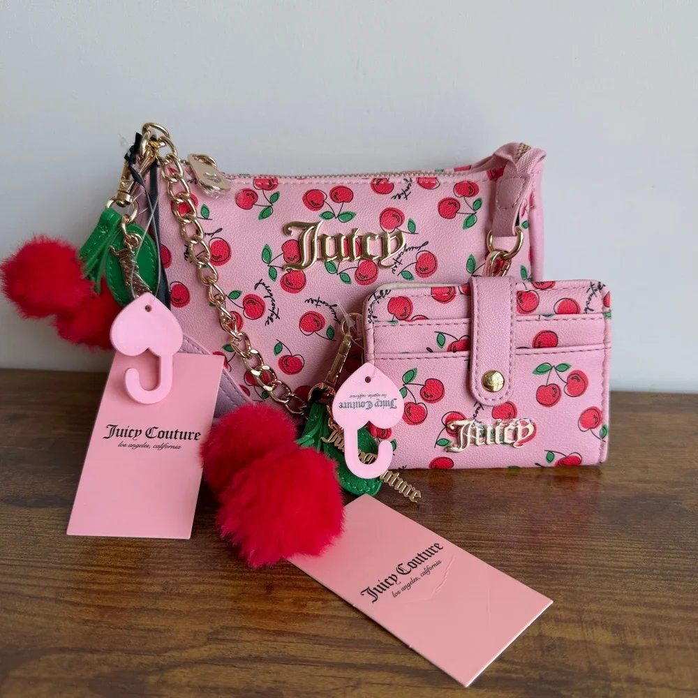 New Juicy Couture Cherry Girl Pink red Wristlet Wallet Clutch Set Mini Handbag